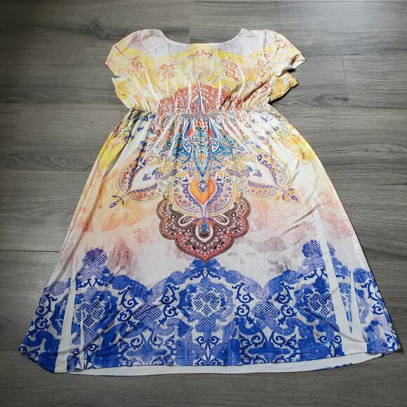Y2K Fairy Witch Dress Women XL Multicolor Boho Midi Paisley Print Rhinestone TDV - Picture 2 of 10
